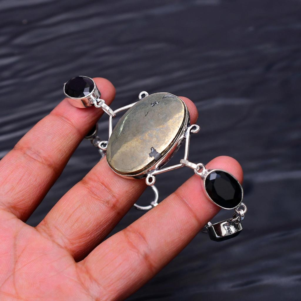 Golden Pyrite & Black Onyx Gemstone : 925 Sterling Silver Handmade Multi Gemstone Bracelet Jewelry