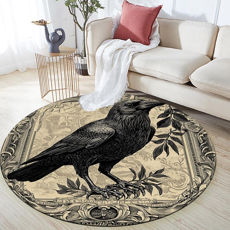 Vintage Border Crow,Round Area Rug,Carpet Rug for Living Room Bedroom Sofa Playroom Decor,Non-slip Floor Mat