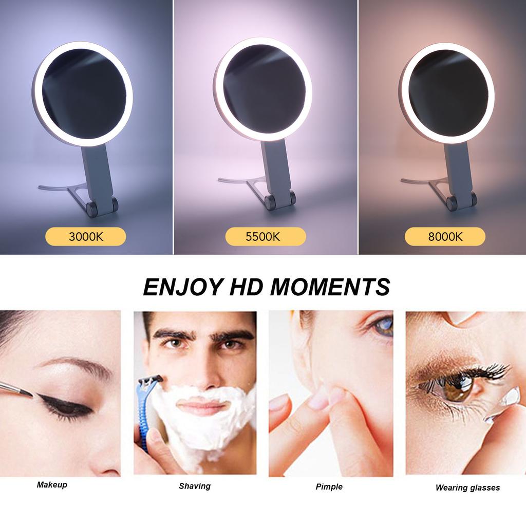 1X/5X Magnifying Mirror Portable Foldable Makeup Mirror with Light and Magnification White C Shape Handle