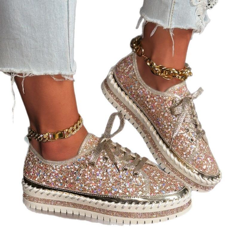 Spring and summer hand-sewn casual single shoes women's new diamond-encrusted platform fashion sequined muffin lace-up women's shoes
