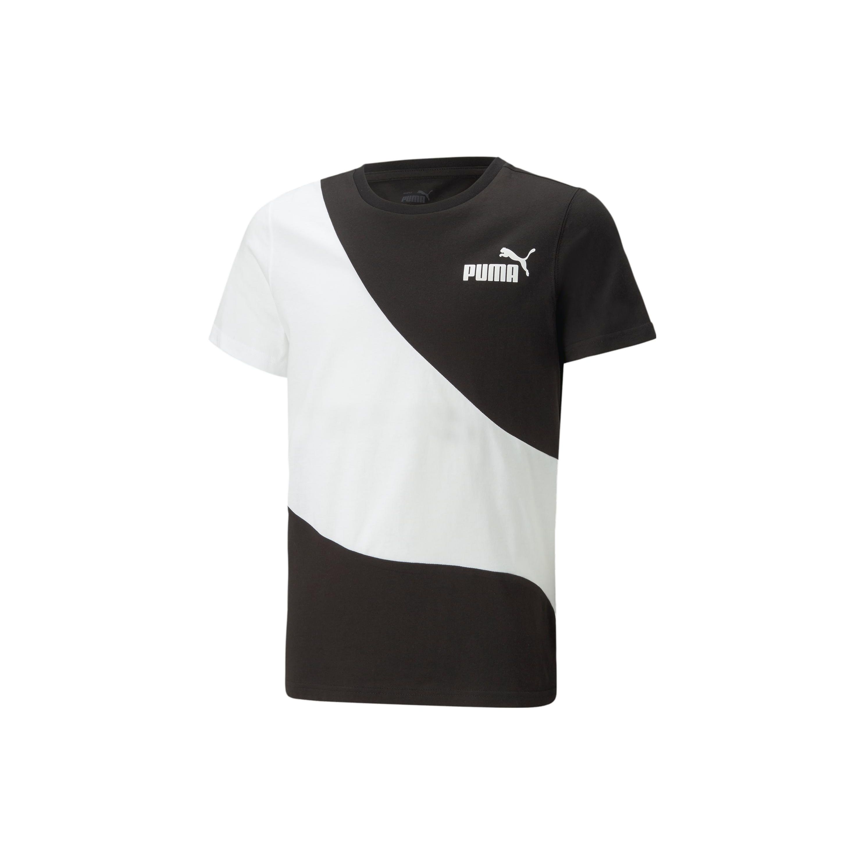 Puma Power Cat T-Shirt Color Block Casual Round Neck Short Sleeve Kids Tops Black White 674231-01 176