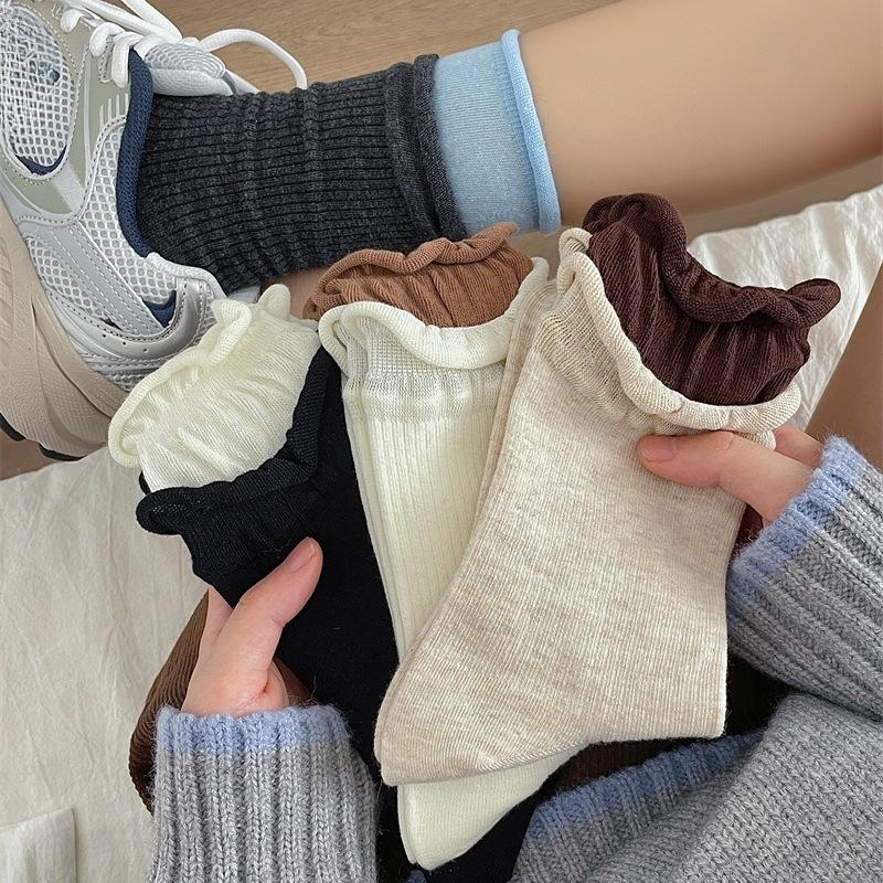 Two Pairs of Angolan Red Fake Color-blocking Socks, Double-slit Color-blocking Pile Socks, Pure Cotton Boneless Mid-calf Socks