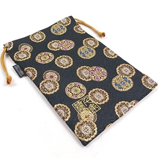 Senshishuin Nishijin Brocade Drawstring Bag Gold Circle Large (Lined) Crest/Black,