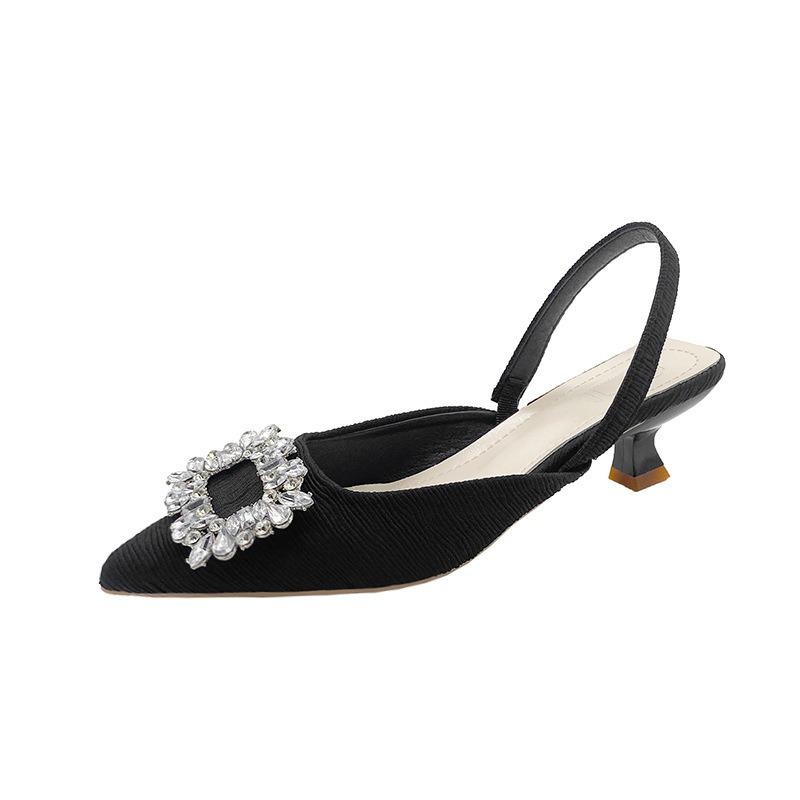 Baotou sandals women's new summer rhinestone square buckle rear thin heel high heel pointed single shoe