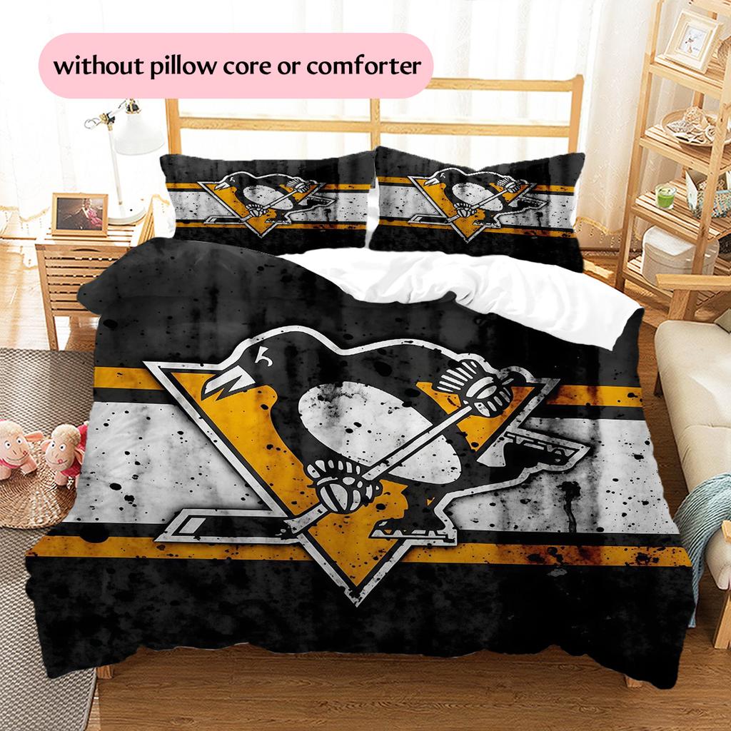 Pittsburgh Penguins Pattern Bedding Quilt Set  Home Decoration  Gift (1 * duvet cover + 2 * pillowcase  without core)