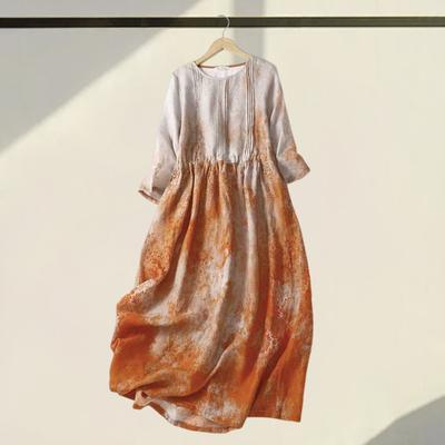 Damska letnia sukienka lniana plus size, codzienna, w kwiaty, z okrągłym dekoltem, z rękawem 3/4, midi, luźna, zwiewna, sukienka plażowa