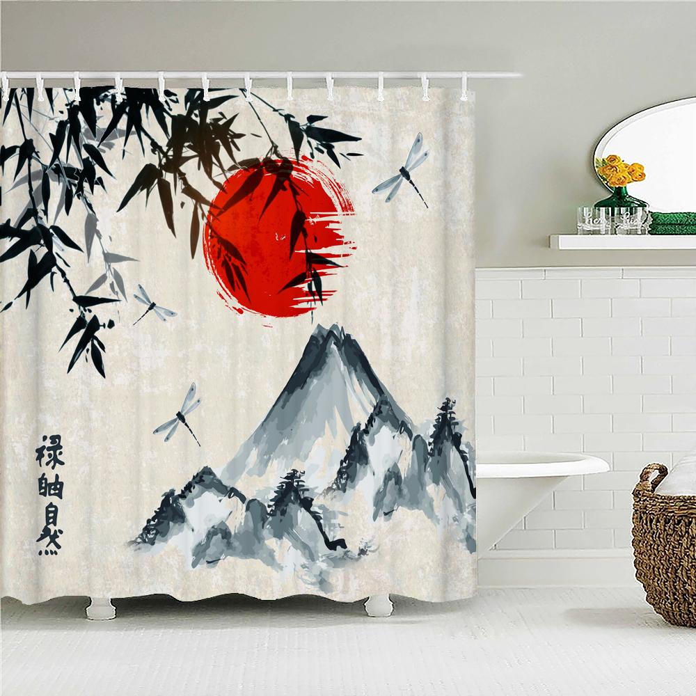 Waterproof Polyester Fabric Shower Curtain Japanese-style Waves Samurai Landscape 3d Printing Bathroom Decor Shower Curtains
