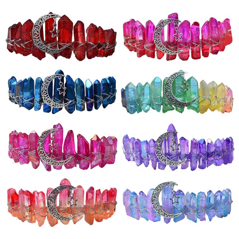 Queen Crown Headbands Natural Crystal Hairbands Women's Handmade Hair Accessories for Wedding Moon Witch Party Costumes