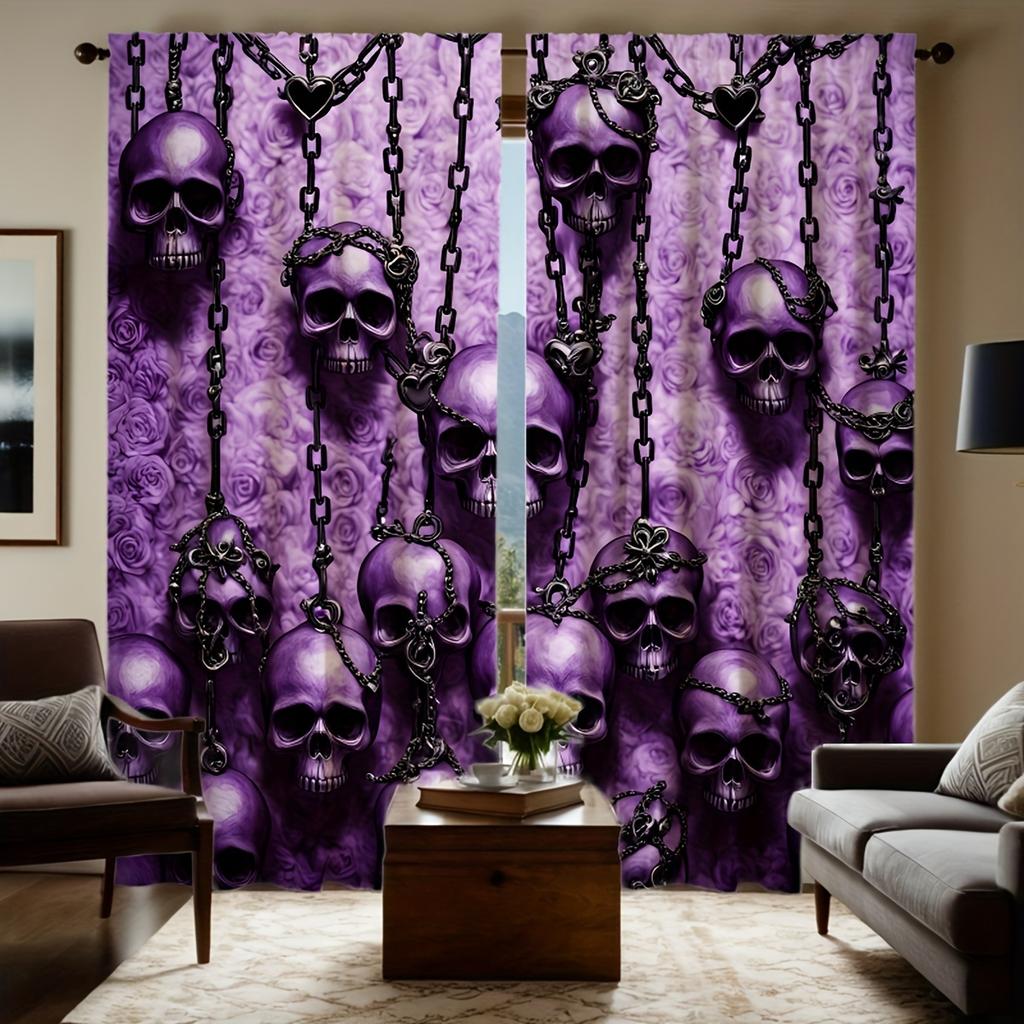 Purple Gothic Skull Chain Curtains Pocket Rod Digital Print Polyester Bedroom Living Room All Season Decor Curtain Sheer For Sitting Made Of
