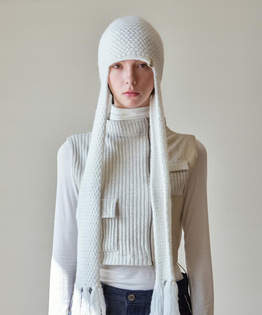 Bajal Va Square Label Knit Scarf Beanie Ivory