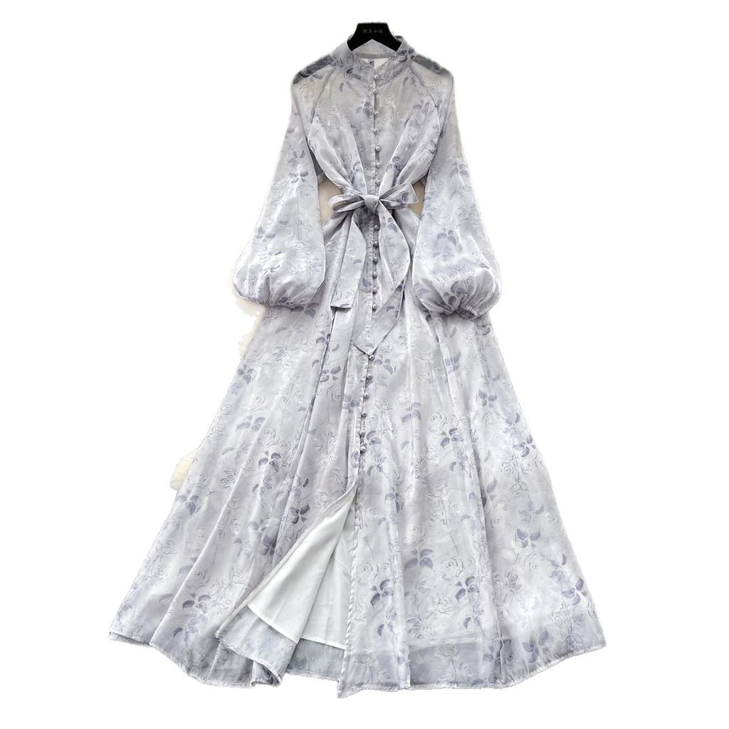 French romantic style lantern sleeve printed dress women's waist and thin A-shaped long dress commuting temperament elegant