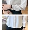 [SYitong] Women's Long-Sleeved Blouse, Stylish, White & Blue, Office Wear, Commuting, Relaxed Fit, Solid Color, Spring/Summer, Plus Sizes, Ribbon Blou