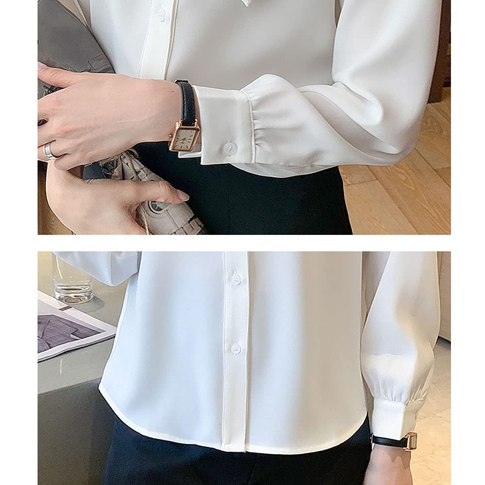 [SYitong] Women's Long-Sleeved Blouse, Stylish, White & Blue, Office Wear, Commuting, Relaxed Fit, Solid Color, Spring/Summer, Plus Sizes, Ribbon Blou
