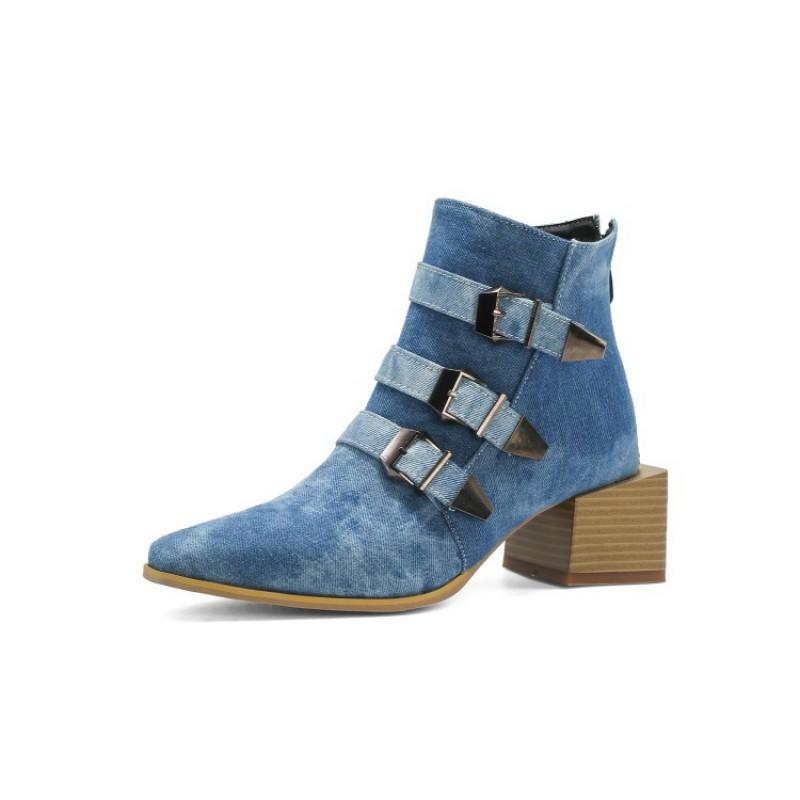 Womens Pointed Toe Chunky Heel Ankle Boots - Motorcycle Style Short Winter