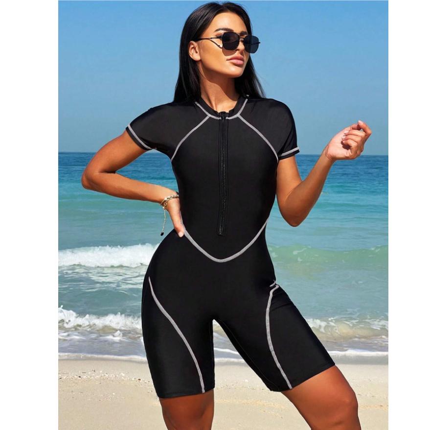 Slim Rush Guard Surfing Swimsuit Women One Piece with Zipper Black Swimwear Female Bathers Bathing Swimming Swim Suit