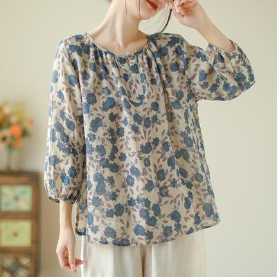 Artistic Retro Cotton and Linen Top Loose Floral Seven Quarter Sleeve Top Women's Blouses & Shirts