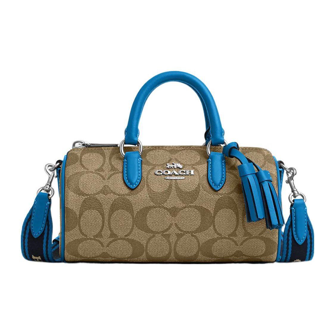 Coach Lacey 19 Letter Logo Plaque Classic Print Fringe Canvas And Leather Boston Bag Women Shoulder Bag Dark-Brown Blue CB874-SVVRF Basic Set (Bag+Dust Bag)