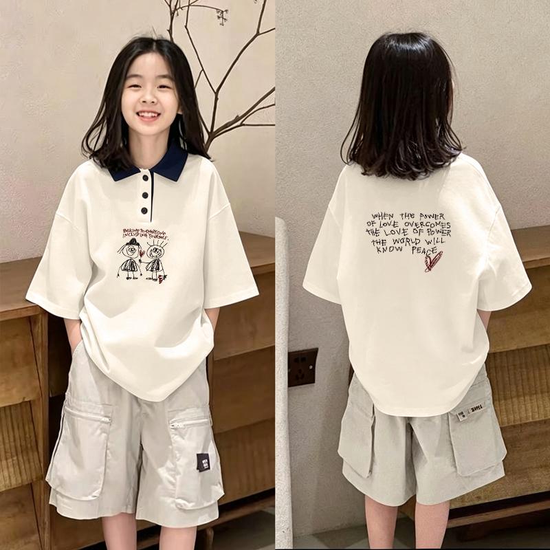 Trendy Girls' Cartoon Cotton Polo Shirt - Summer Patchwork Lapel Tee for Ages 8-15