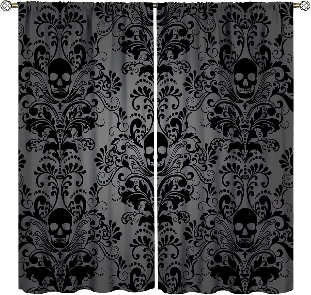 Vintage Skull Curtains Rose Flowers Wildflowers Halloween Theme Scary Curtain Bedroom Living Room Home With Rod Pocket Polyester Ideal For Sitting