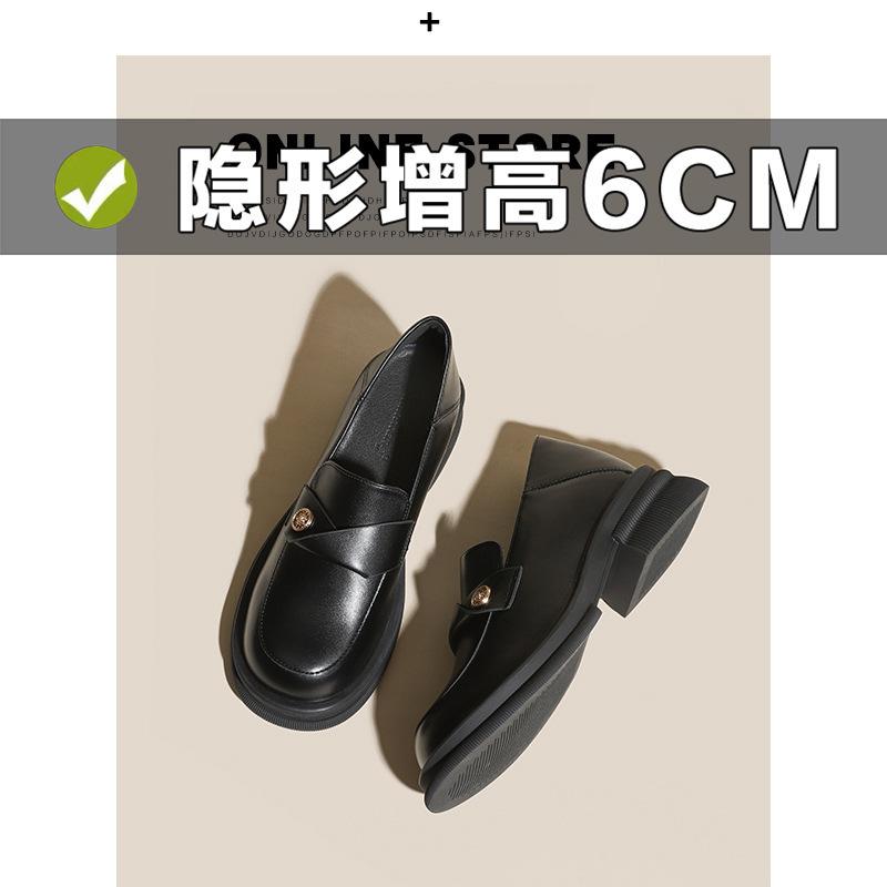 Small Leather Shoes Women's Thick-soled Thick Heel Inner Height Increase 6CM Versatile Small Size 32334 Black Round Head Small Gold Coin