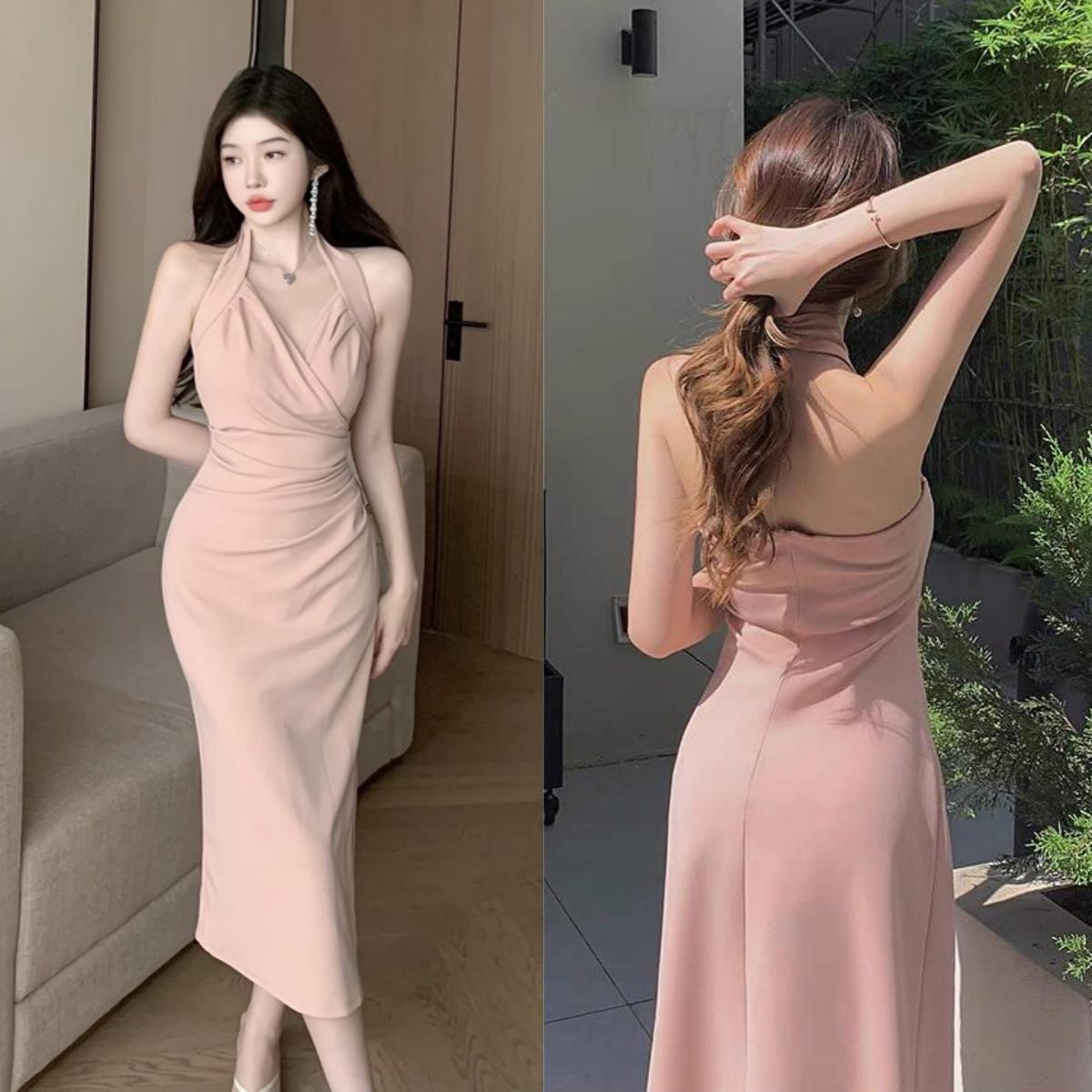 Elegant Halter Strap Sleeveless Bodycon Dress with Slit for Women XL розовый