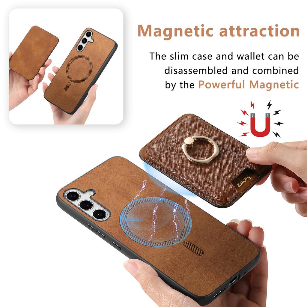 For Samsung Galaxy S25+ Magnetic Case Detachable Card Bag Leather Back Cover with Kickstand