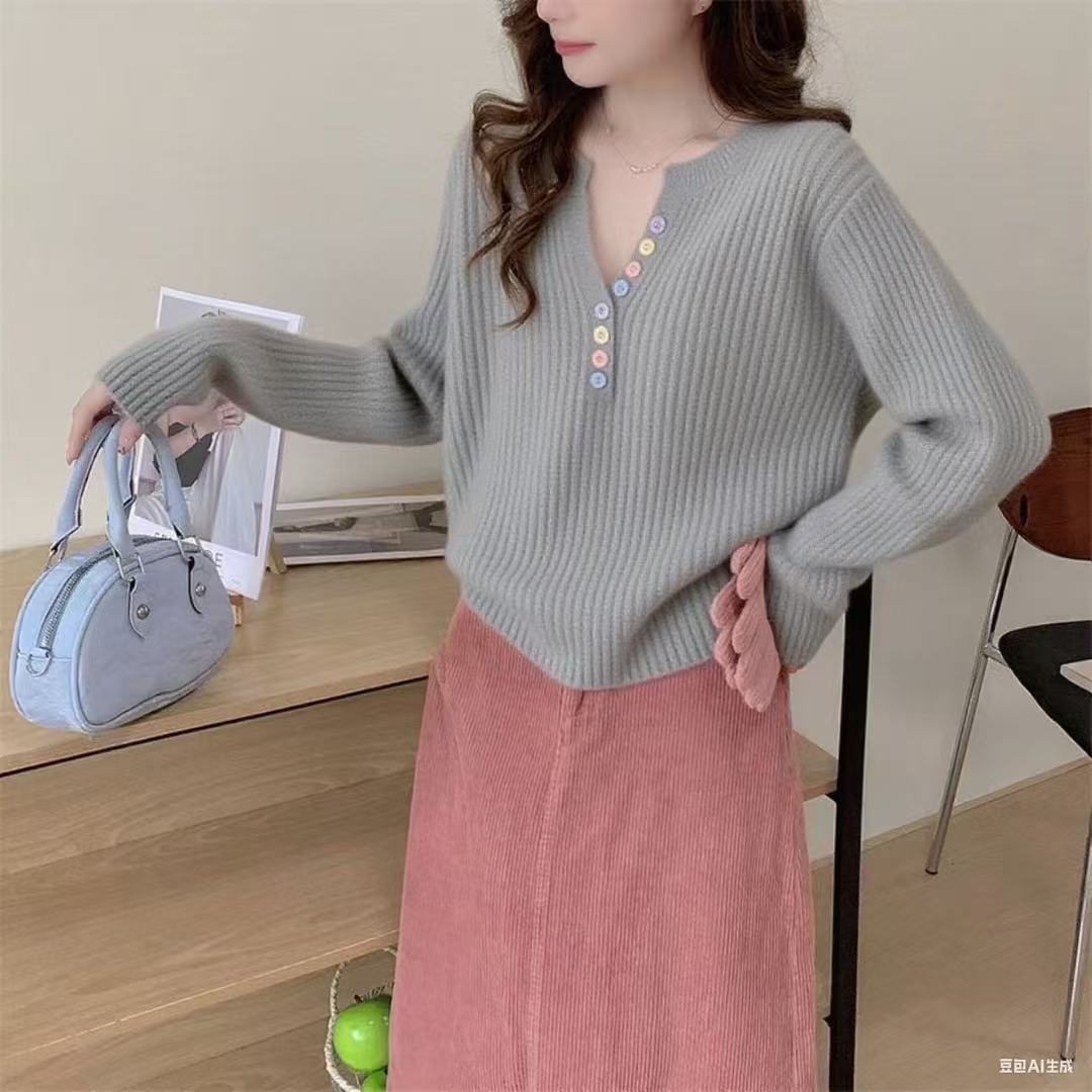 

Осенне-зимний дизайнерский трикотажный свитер с длинными рукавами, V-образным вырезом, цветными пуговицами, женский однотонный пуловер, базовая рубашка One size серый