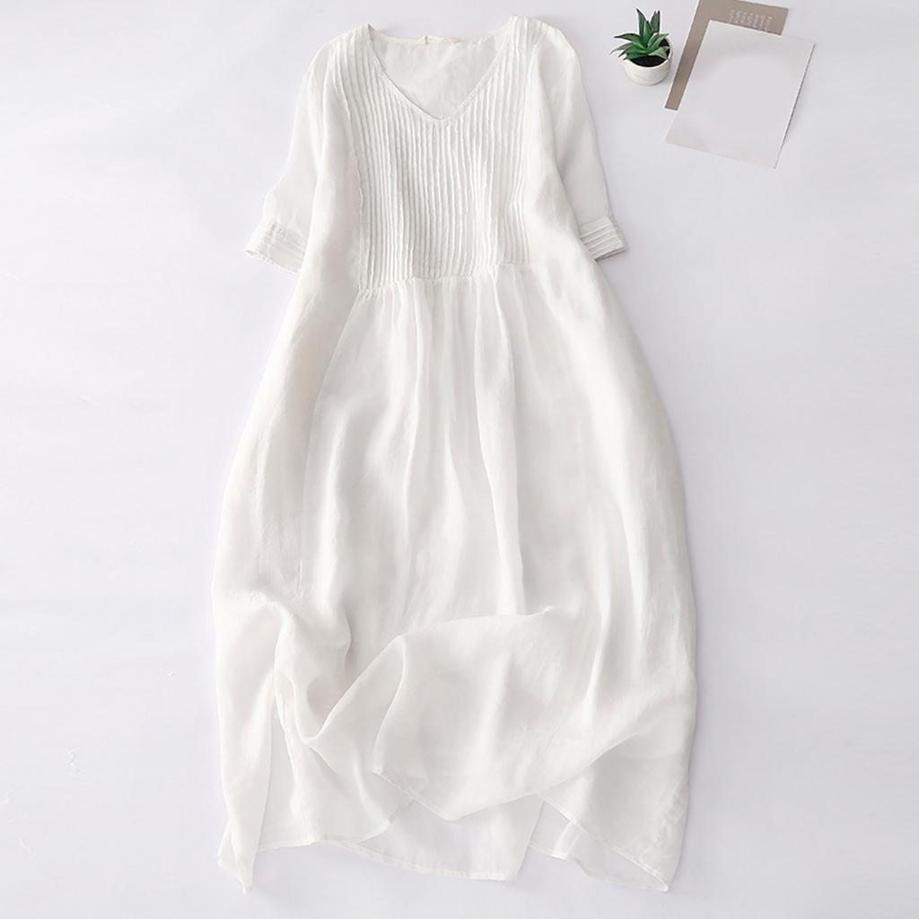 Women's Solid Cotton Linen Long Dresses A Line V Neck Pleated Short Sleeve Maxi Dresses With Pocket Summer