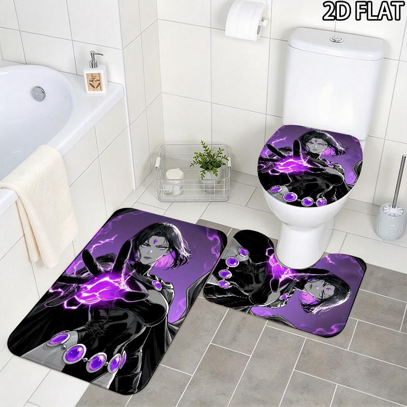 3Pcs Flannel Toilet Mat Set Raven Teen Titans Bathroom Rug Bath Carpet Non Slip Home Decor