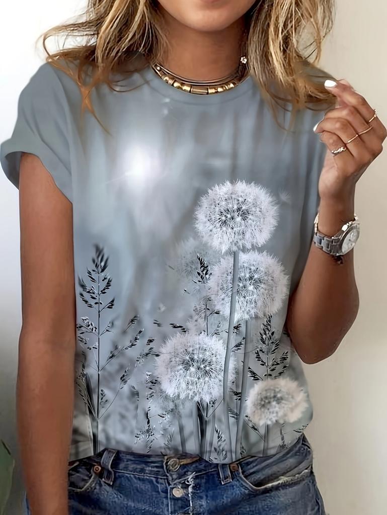 2026 New Women 3D Dandelion Graphics Print T-Shirts Fashion Casual Clothes Short Sleeves Top Summer Tees O-Neck Women's Clothing