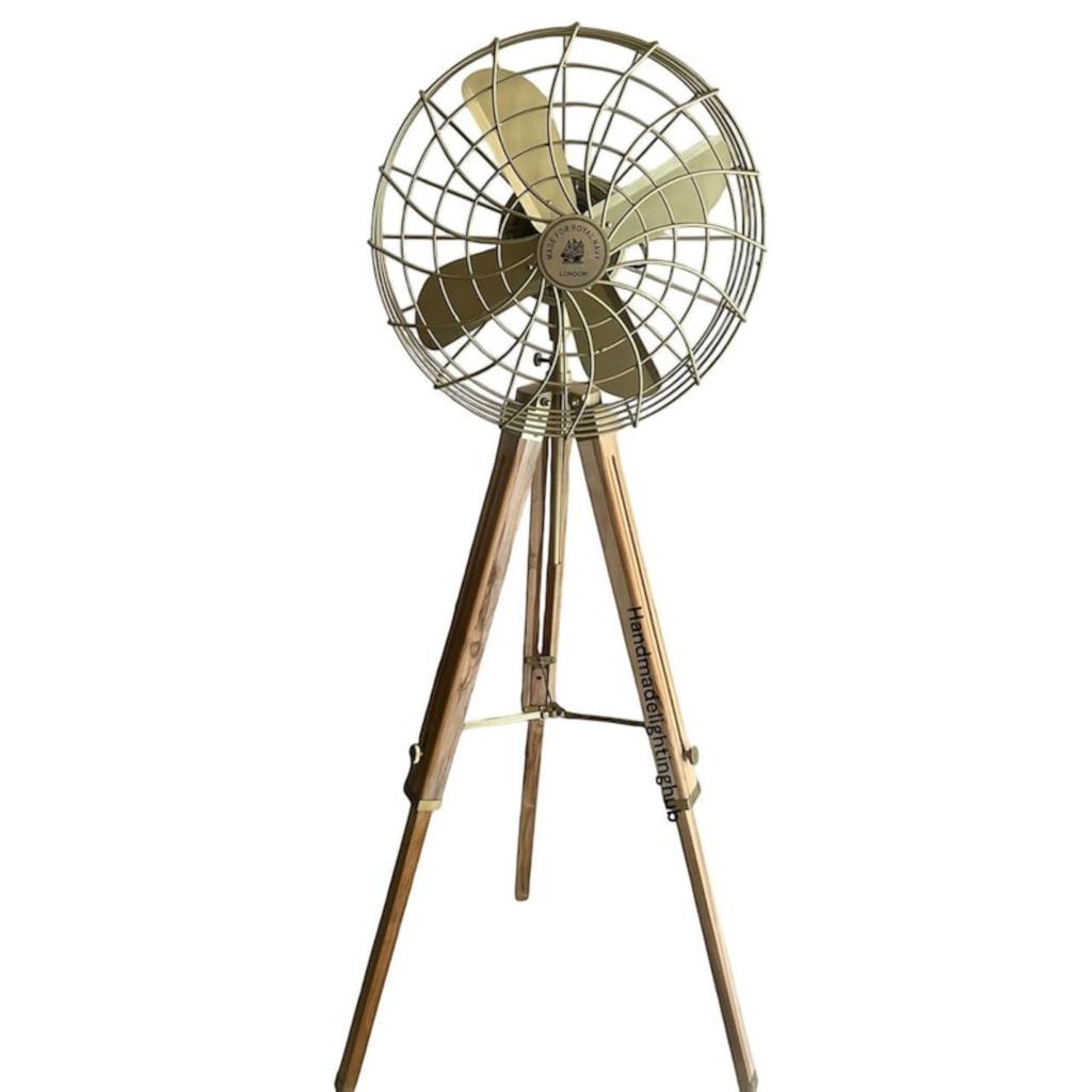 Natural Teak & Brass Pedestal Fan | Industrial Rotating Floor Fan On Wooden Tripod Stand | Heavy Duty Electric Air Circulator