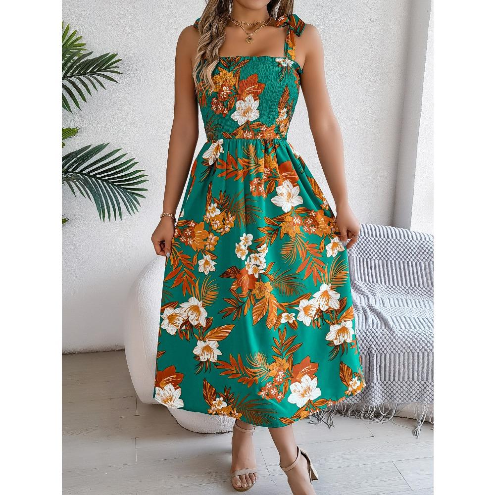 Frühlings- und Sommer-Blumen-Bindegürtel-Trägerrock Urlaub Strand Langer Rock Mode Damen Langer Rock