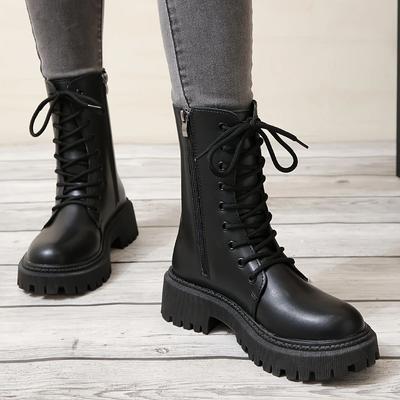 Fashion Women's Solid Color Combat Boots Fashion Lace Up Side Zipper Boots 2024 Faux Leather Shoes for Women Plus Size 42 Ankle Boots