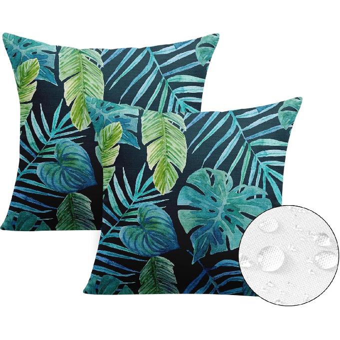 Greenery Tropical Plants Outdoor Waterproof Throw Pillow Covers 18 x 18 Inch Set of 2, Palm Leaf Pillowcase Square Cushion Case, Farmhouse Garden