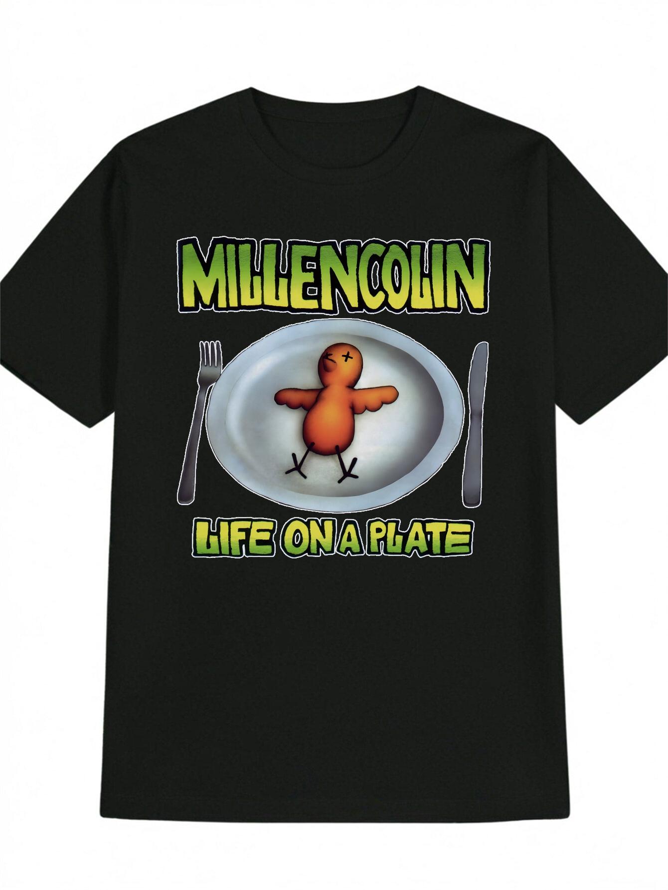 

Casual Round Neck T-shirt with Whimsical Cartoon Chicken on Plate Design - Millencolin Life on a Plate Print M