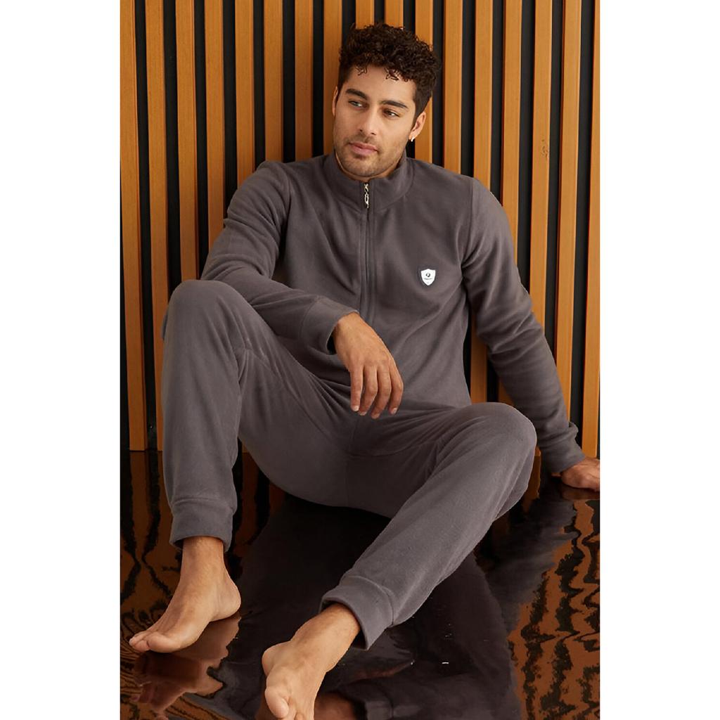 Set de pijamale pentru bărbați, cu mânecă lungă, cu fermoar în față, roșu Claret