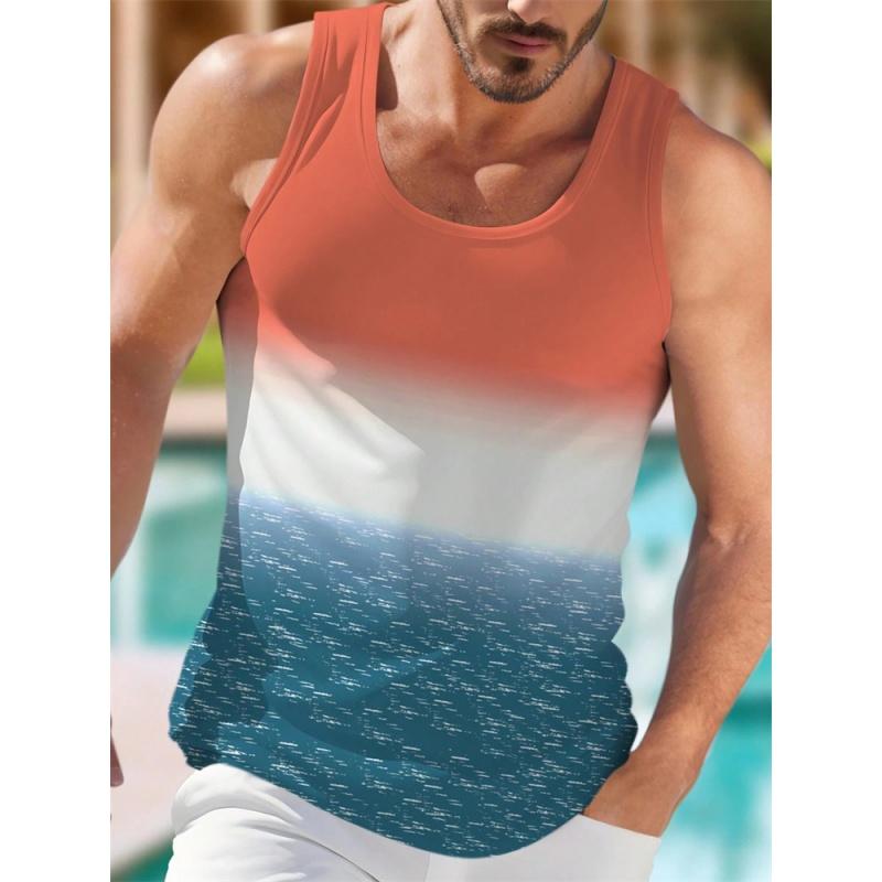 3D Printed Colorful Stripe Gradient Tank Tops For Men Coconut Tree Pattern Tees Summer Loose Street Sport Tops