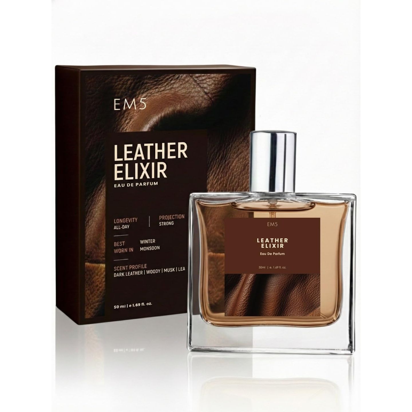 

EM5 Leather Elixir Perfume for Men | Dark Leather, Woody, Musk, Lea Fragrance | Long Lasting Scent | Premium Gift for Him | 50ml EDP 100ML