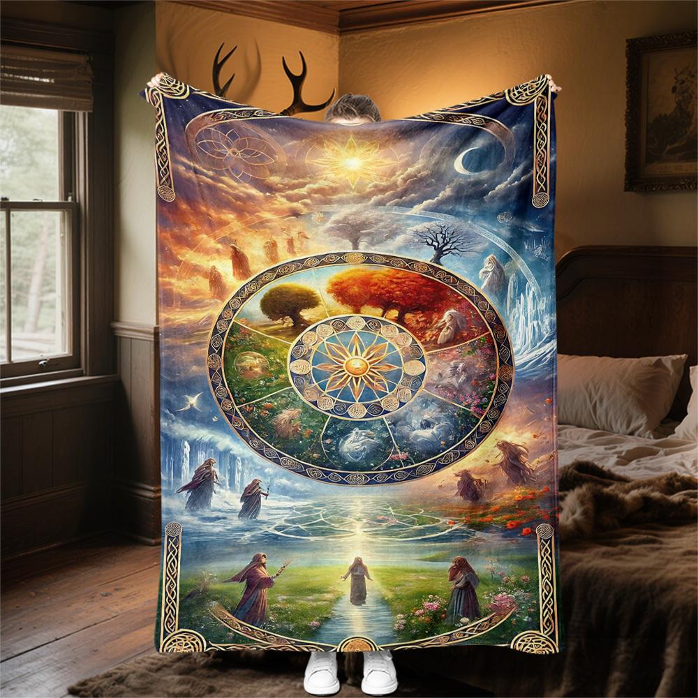 1PC Wheel of the YearOutdoor Flannel Blanket - Soft Plush Decor for Picnics, Camping, Bedroom, Playroom, Office, or Lunch Break 1331A