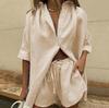 Women's Two Piece Set Short Sleeve Button Crop Shirt Drawstring Shorts Summer Outfit