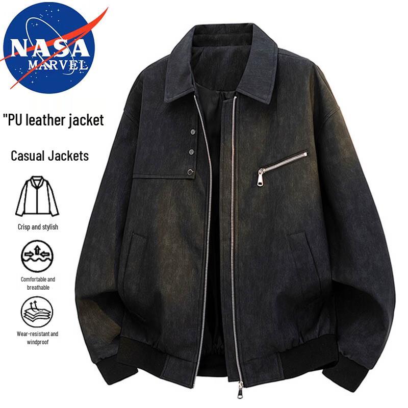 NASA MARVEL Men s Retro Lapel PU Leather Jacket 3XL