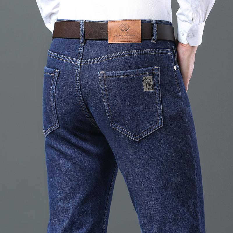 Winter Men's Fleece Warm Jeans Style Business Casual Thicken Fit Denim Pants Black Blue Trousers