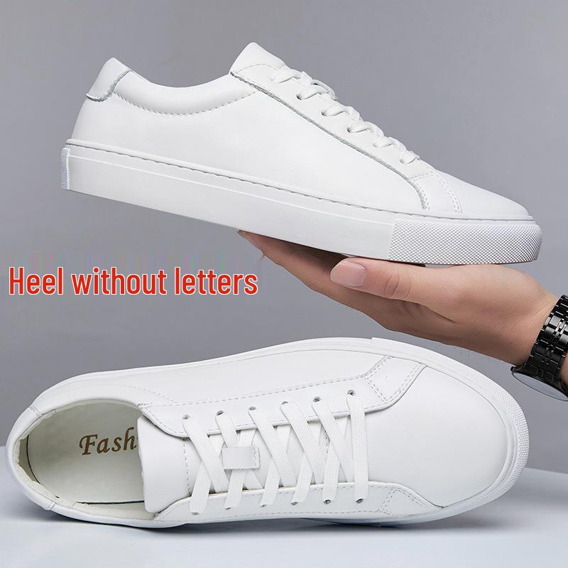 Men's Casual White Cowhide Shoes - Versatile Korean Style, Small Round Toe, Plus Size Trend