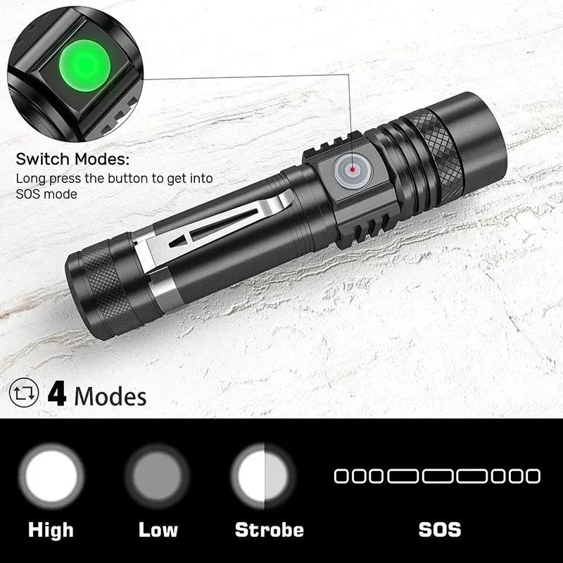 1000LM LED Flashlight Type-C Rechargeable Waterproof Zoom Lamp T6 Tactical Torch COB Light for Outdoor Camping Hiking Cycling