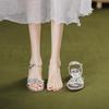 2024 Silver Glitter Chunky Heel Sandals with Bow and Pearl Strap - Women's High-End Rhinestone Shoes