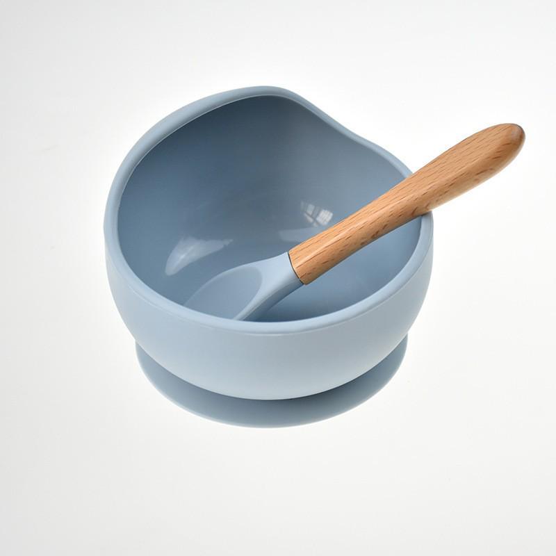 Silicone Bib & Tableware Set: Snail Bowl, Wooden Handle Spoon & Fork - Child Safe 3-Piece Feeding Kit