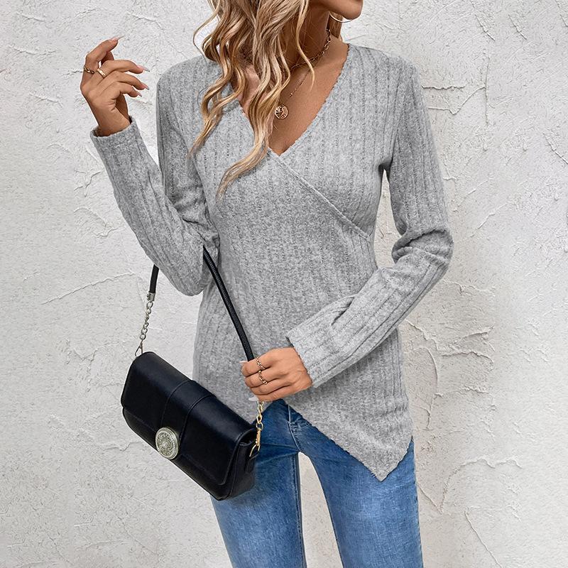 Women's Autumn and Winter Versatile Solid Color T-shirt Pit Strip Brushed V-neck T-shirt Top