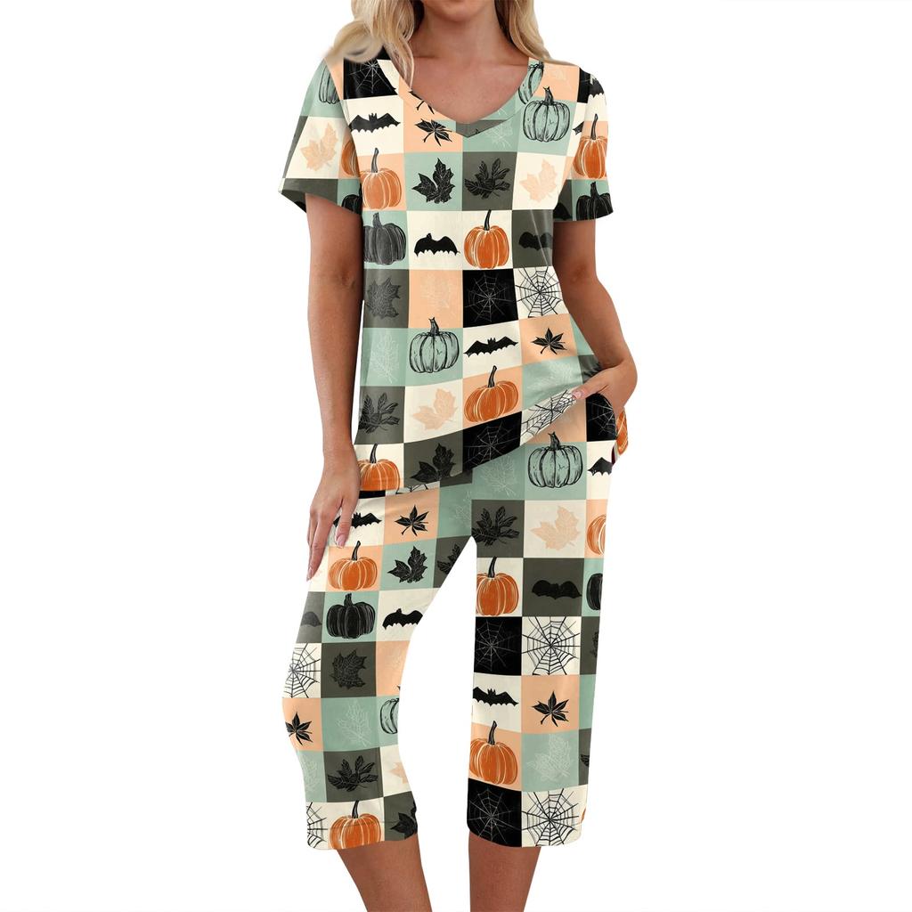 Women's Halloween Two-Piece Outfit Set - Casual Short Sleeve Top and Printed Pants, Comfortable Sportswear for Holiday Parties
