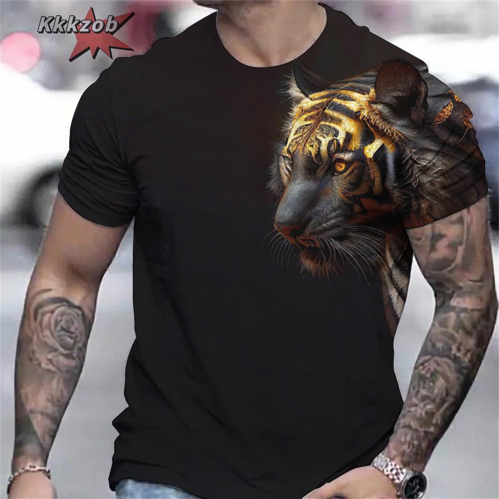 Men's Shirts Fierce Tiger Print T-Shirt 3D Animal Summer Short Sleeved Male Oversized T-Shirts Casual Tops Tees Men Clothing