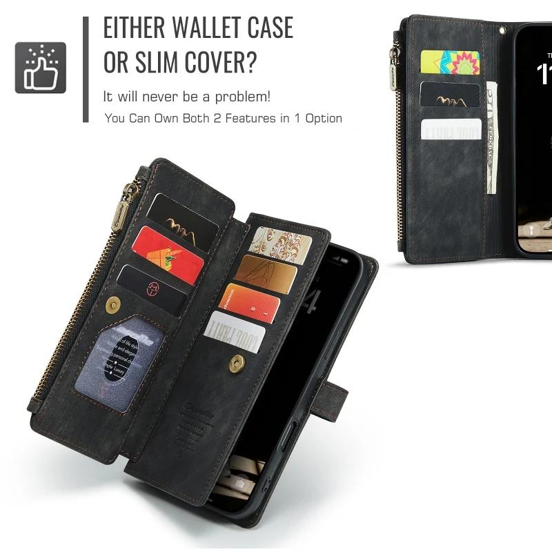 Leather Zipper Purse Phone Case for iPhone 17 Air 16E 16 15 14 12 13 11 Pro Max XS XR 8 7 Plus Flip Card Lanyard Wallet Cover